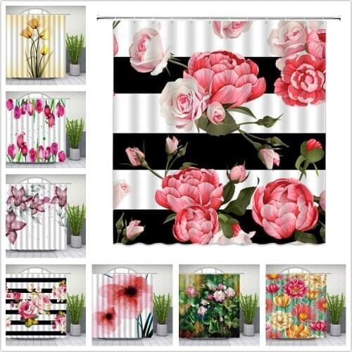 Watercolor Flower Black and White Stripes Shower Curtains Marble Geometric Pattern Bathroom Decor Home Bathtub Cloth Curtain Set