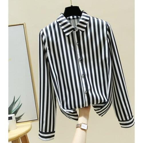 Long Sleeve Black White Striped Chiffon Blouse Shirt Blouse Women 2021 Turn Down Collar Office Blouse Women Clothing Blusa E37