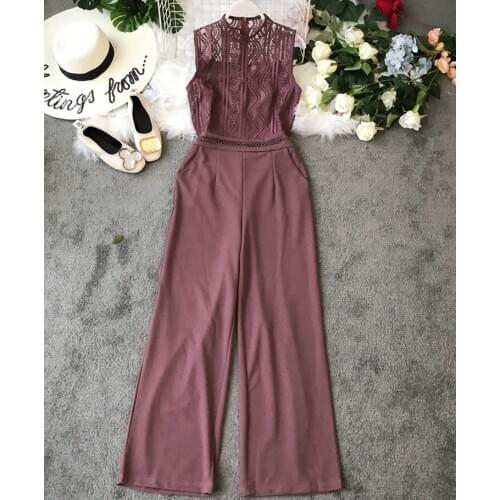 Euro-American Style Hollow Lace Stitching Sleeveless High Waist Wide-Legs Pants Women Vogue Fashion Rompers G651