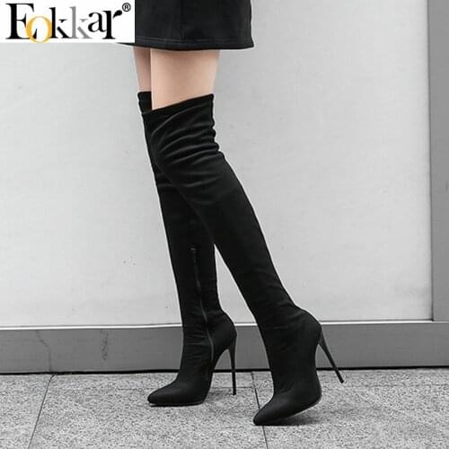 Eokkar 2020 Women Over The Knee High Boots Pointed Toe Super Thin High Heel Winter Boots Warm Inside Ladies Boots Size 34-43