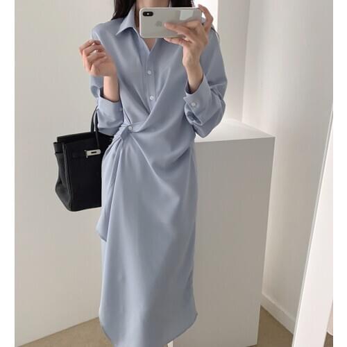 New Autumn Women Solid Shirts Dresses Office Lady Casual Loose turndown collar Irregular Dress Midi Vestidos Robe Mujer