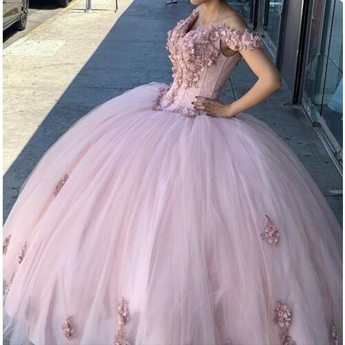 Off the Shoulder Pink Quinceanera Dress Ball Gown 2021 Lace Appliques Flowers Beaded Long Formal Party Vestido De Quince Robe