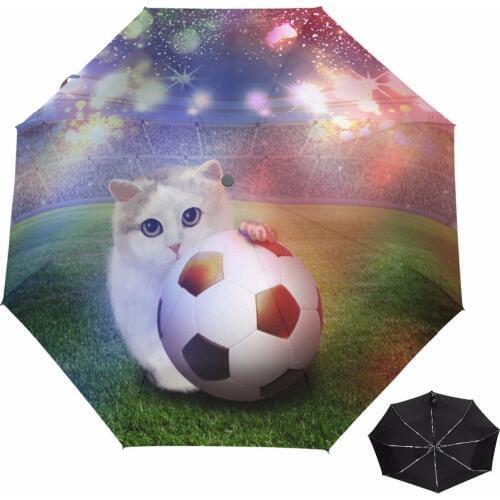 Cute Cat Play Football Anti-UV Full Automatic Umbrella Rain Women Men 3 Folding Light and Durable UV Umbrellas Kids Rainy Sunny