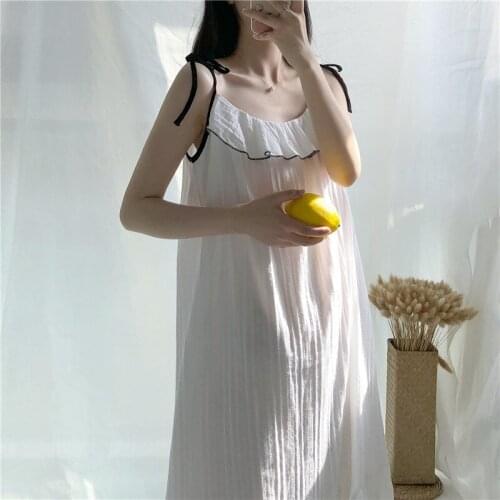 2021 Summer Solid Strap Nightgown Womens Sexy Cotton Sleepwear Sleeveless Princess Style Nightie Loose Outdoor Knee-length Gown