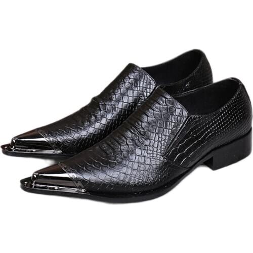 2021 Fashion Pointed Metal Toe Mens Shoes Black Leather Dress Shoes Wedding/Business/Party Elegant Leather Shoes Men
