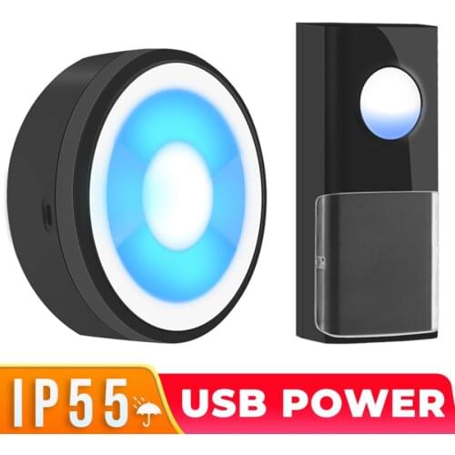 USB Powered IP55 Waterproof Wireless Smart Doorbell Door Bell Ring Chime Call 433MHZ LED Night Light Home Plug-Free