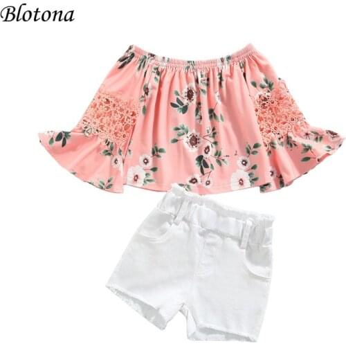Blotona Kids Summer Casual 2Pcs Outfits, Girls Floral Hollow Out Long Flare Sleeve Off Shoulder Tops+Solid Color Shorts 2-7Years