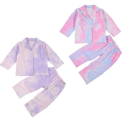 FOCUSNORM 0-6Y Autumn Winter Kids Girls Boys Tie-Dye Pajama Sets Long Sleeve Single Breasted Tops Pants 2pcs