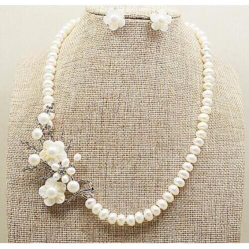 Unique Pearls jewellery Store 8-9MM White Freshwater Pearl Necklace Earrings Perfect Shell FlowerJewelry Set Wedding Women Gift