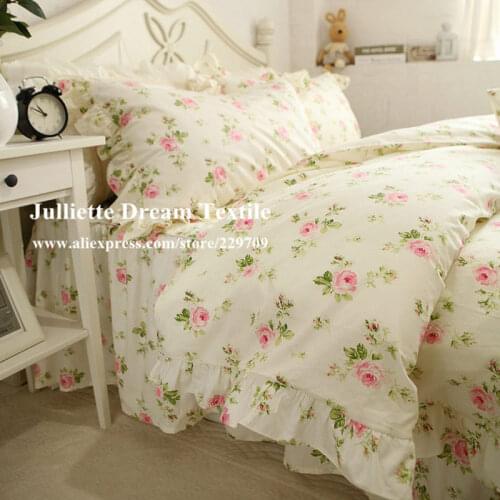 Hot Pastoral rose print bedding set Ruffle duvet cover bed sheet wrinkle bedspread princess elegant bedding dobby bed clothes