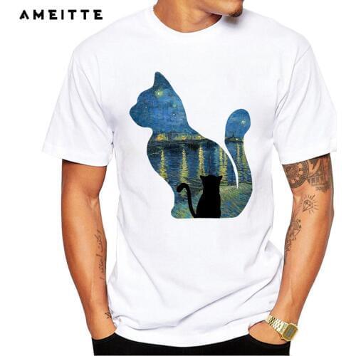 Creative Cat Watching The Starry Night T-Shirt Summer Mens Personality Animal Printed T Shirt Fashion Male Tops Tee Clothes
