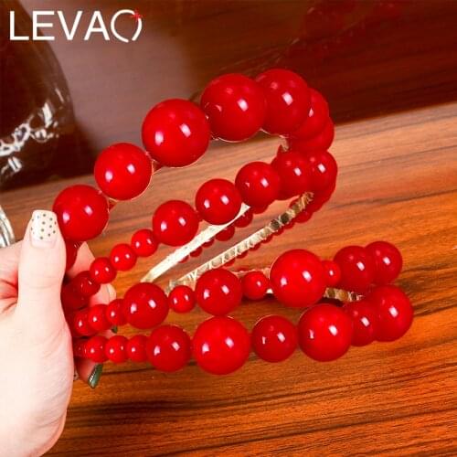 Levao New Hair Hoop Red Pearl Hairband Beaded Headband for Women Headwear Lady Party Hair Band Headbands Hair Accessories
