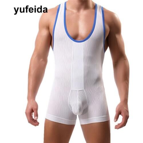 Sexy Mens Undershirts Bodysuits Jumpsuit Wrestling Singlet Bulge Jockstrap Leotard Mens Translucence Wrestling dress Stretchy