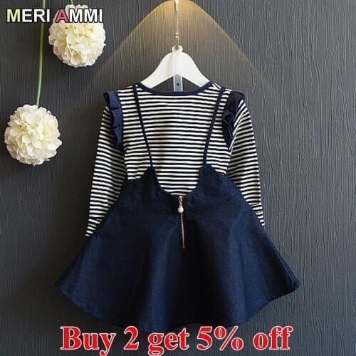 MERI AMMI 2pcs Children Girl Clothing Outfit Set Striped T-shirt+Navy Skirts For 2-7 Year Toddler Baby Girl J742