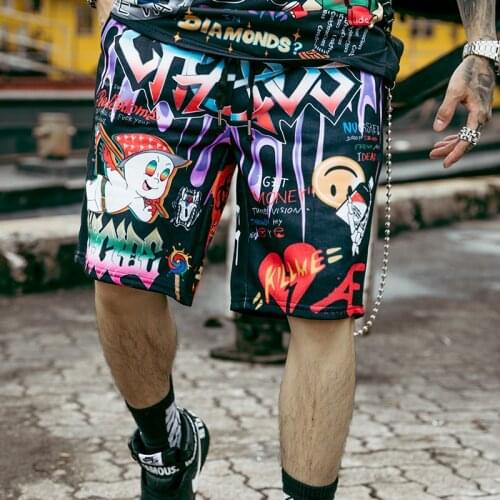 Shorts Men Cartoon Graffiti Print Bermuda Beach Knee-length Shorts Hip Hop Elastic Waist High Street Summer Sweatpants