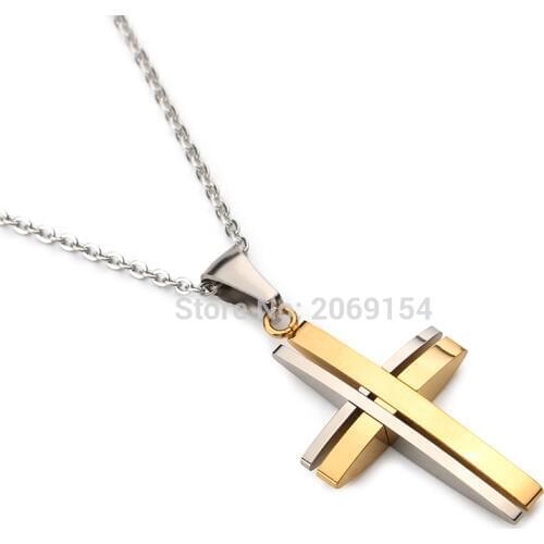Men Necklace Cross Gold Pendant Fashion Classic Crucifix Jewelry Stainless Steel Metal Circle Charm Titanium Chain