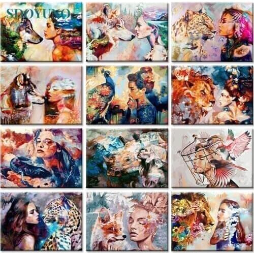 SDOYUNO 60x75cm Frameless Oil Painting By Numbers On Canvas Women and Animals DIY Paint By Numbers Figure Digital Painting