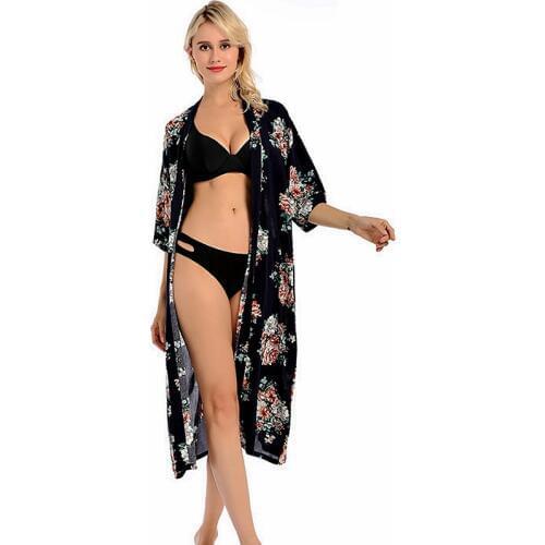 Womens Sexy Kimono Robe Bathrobe Cotton Printed Pajamas Womens Long Section Nightgown Simple Loose Home Clothing Bath Robe