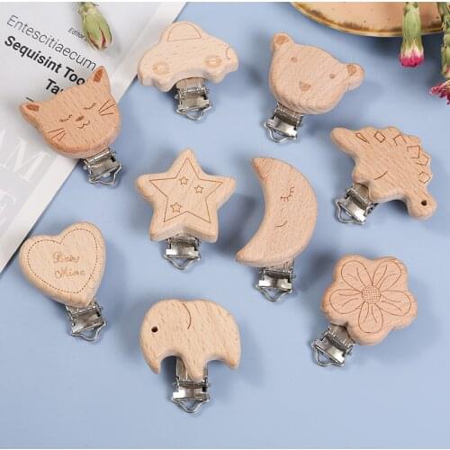 Food Grade Beech Wood Clip Heart-shaped Cartoon Baby Pacifier Clip Baby Molar Teether Accessories
