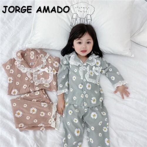 2021 New Spring Baby Pajamas Sets Pink Blue Daisy Lace Collar Home Suits Sleep Swear Kids Clothes E5032