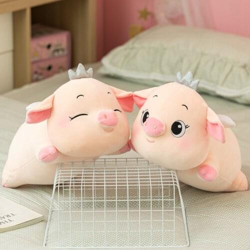 30-60CM Cute Angel Lying Pig Plush Toys Stuffed Soft Animal Smile Crown Pig Pillow Cushion for Girls Birthday Sleeping Gift