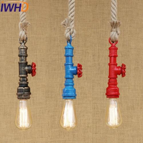 IWHD Loft Style Iron Water Pipe Pendant Light Fixtures Hemp Rope Edison Vintage Industrial Lighting Dining Room Hanging Lamp