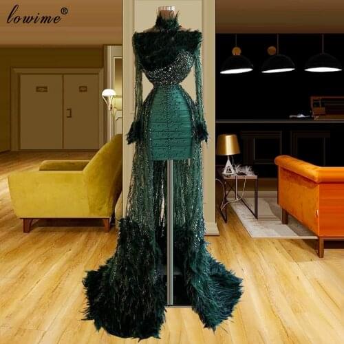 Luxury Green Feathers Evening Dresses Mermaid Handmade Sewing Perals Celebrity Dresses For Women Party Long Sleeves Pageant Gown