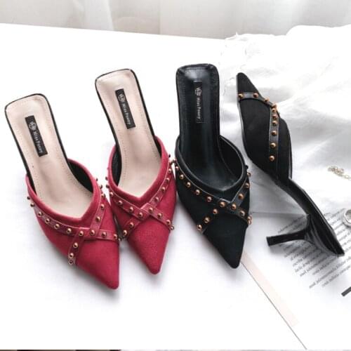 Sandals women sunmmer High Quality Rivet thin Heel Shoes Ladies Casual mules femme luxuey sandals