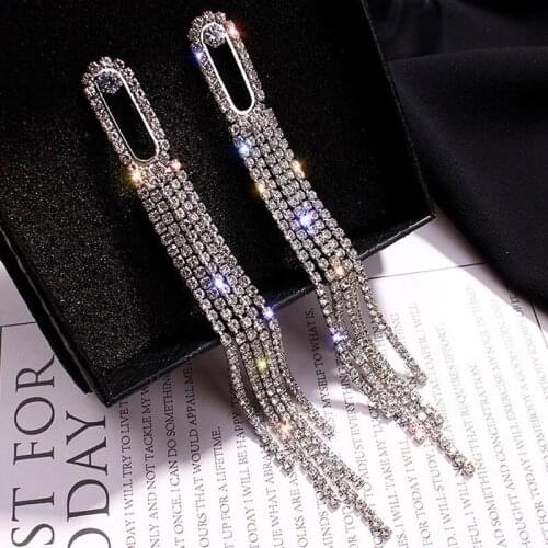 Fashion Shiny Crystal Dangle Long Tassel Full Rhinestone Drop Earrings for Women Trendy Weddings Party Earring Jewelry Gifts