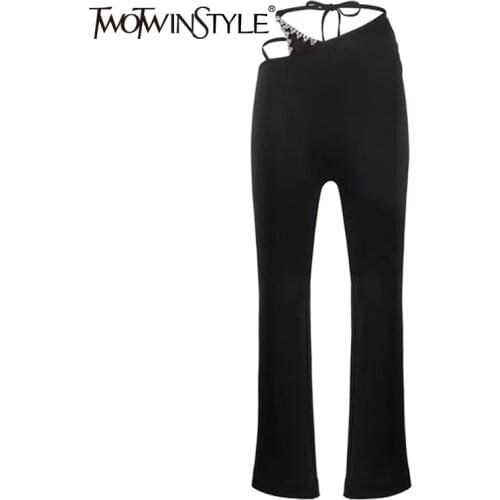 TWOTWINSTYLE Casual Black Lace Up Trousers For Women High Waist Patchwork Diamonds Flare Pants Females 2021 Summer Fashion Style