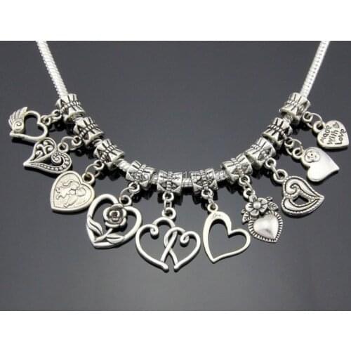 100 pcs / Lot 10style Mixed Vintage Silver Color Heart Dangle Charms Jewelry Findings For European Bracelet ZYY017