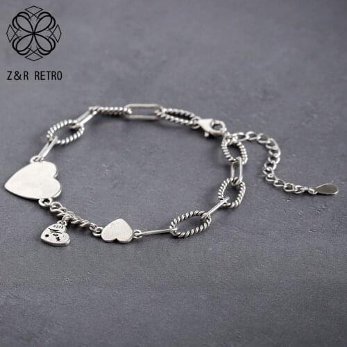 Vintage Silver Color Bracelets with Suspension Hearts Pendant Love to Mum 2021 Fashion Body Jewelry for Women Korean Accessories