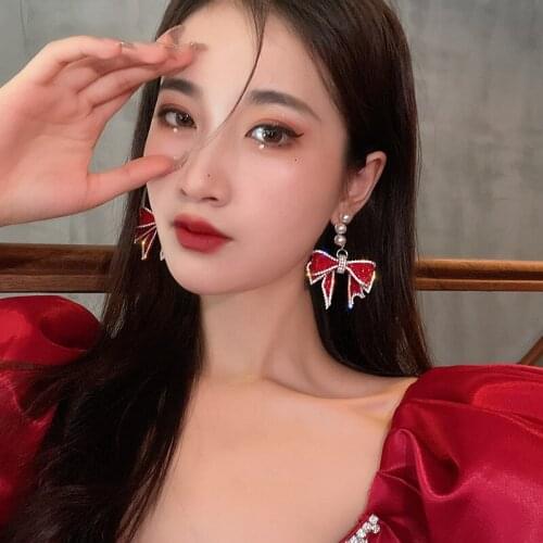Exquisite Luxury Red Bowknot Dangle Earrings for Women Korean Fashion Rhinestone Earrings Weddings Party Jewelry Accessories