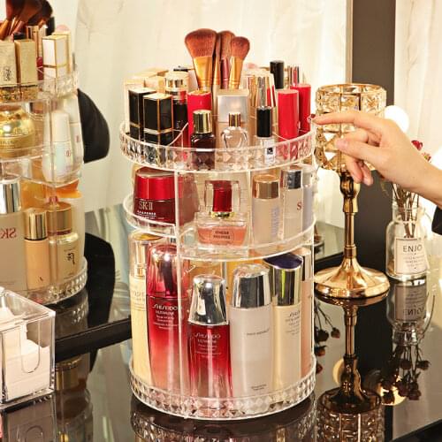 Mosodo Rotating Makeup Organizer Acrylic Box Dresser Cosmetics Storage Rack Skincare Beauty Products Holder Shelf Storage Tools