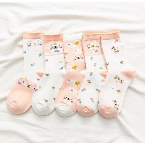 Japanese Sweet Kawaii Crew Cartoon Cat Lace Women Lolita Socks Cute Flower Pink Girl Korean Style Cotton Funny Socks with print