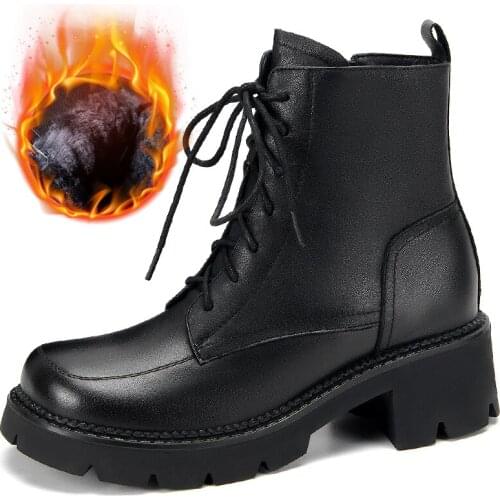 Autumn Winter Ankle Women Boot Shoe Genuine Leather Warm Wool Short Plush Elegant High Quality Footwear Boot Black Platform A79