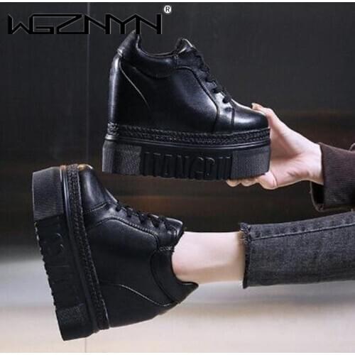 Spring Women Ankle Boots 2021 Fashion Winter Ladies Platform 12cm High Wedges Leather Casual Shoes Woman Chunky Black Sneakers