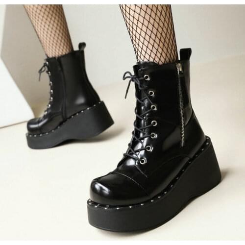 Fashion Punk Women Boots Autumn Platform Ankle Boots Wedges Heel Short Boots Side Zipper Winter Woman Boots Shoes Big Size 34-43