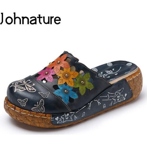 Johnature Genuine Leather Floral Slippers Outside Summer Platform Sandals National Style Slides Flat With Casual Women Shoes
