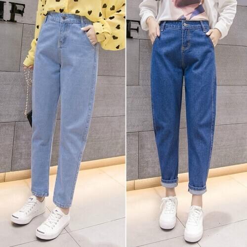 Women Jeans Solid Denim Pants Blue Casual Student Straight Pockets Plus Size Female Trousers Fashion Harajuku Full Length Pants