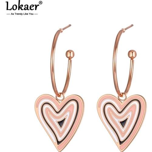 Lokaer Trendy White/Black Glaze Love Heart Titanium Stainless Steel Earrings Rose Gold Handmade Ear Jewelry For Women E19145