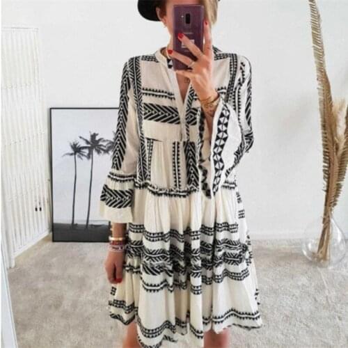 Harajuku Geometric Print Striped Dress Women V Neck Long Flare Sleeve Buttons Ruffed Short Dresses Vintage Autumn Boho Beachwear