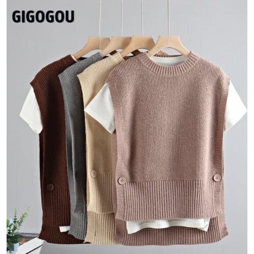 GIGOGOU Sweater Vest Women O Neck Solid High Low Hem Casual Korea Style Teens Chic Fashion Button Spring Sleeveless Knit Sweater