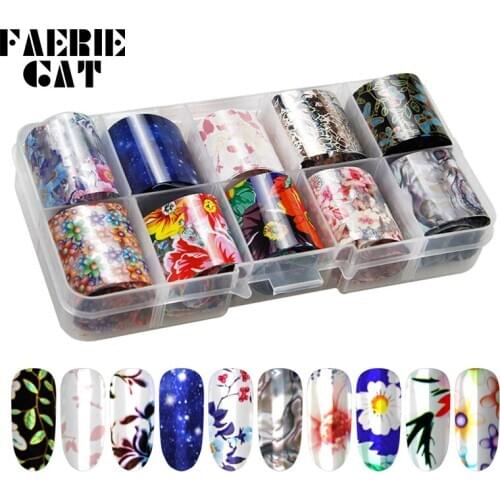 10 Rolls/Box Nail Transfer Foils Charm Flowers/Galaxy/Shell Designs Starry Sky Paper Nail Sticker Set Decal Nail Art Decorations