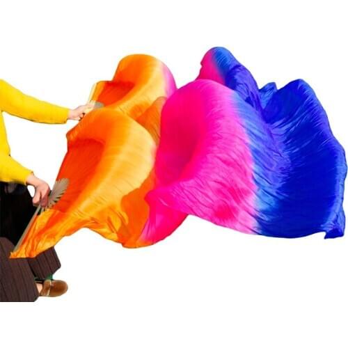 100% Real Silk Belly Dance Fans 1 Pair Handmade Dyed Belly Dancing Performance Props Fans Gradient Orange+Rose+Royal blue 180x90