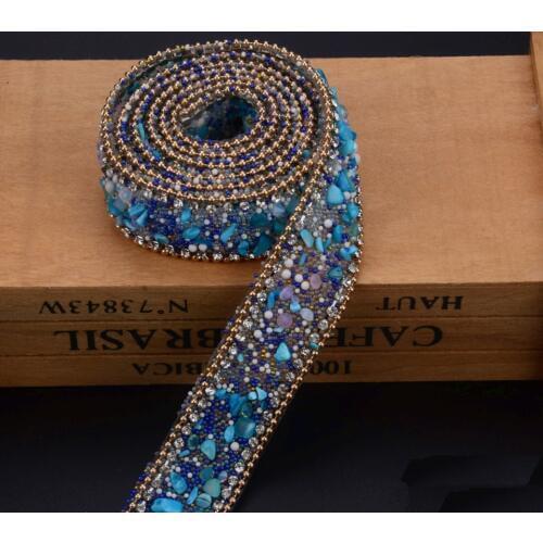 2.5cm blue Crystal trim Rhinestones Chain Wedding Bridal Applique Strass Mesh Crystal patches for Clothing Home Decor