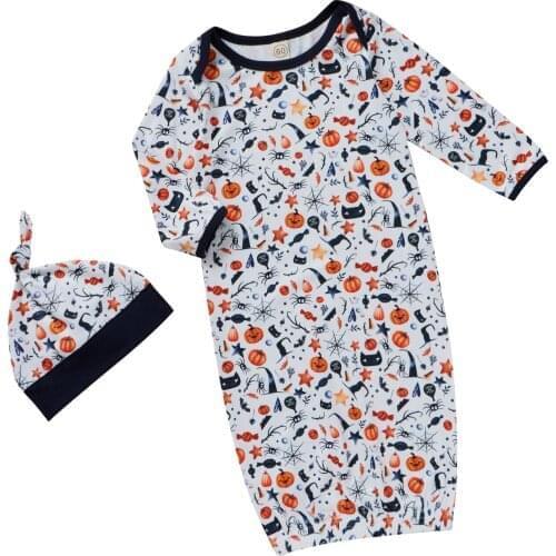 2021 2 Pcs Newborn Halloween Printed Outfits Infant Long Sleeve Round Neck Sleeping Sack + Knotted Cap