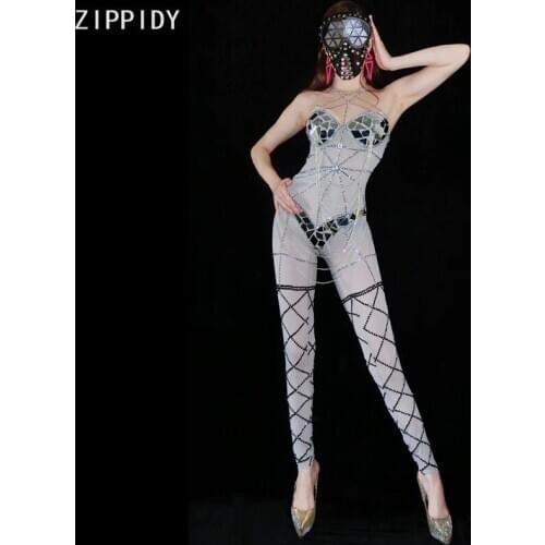 Black Rhinestones Gray Transparent Silver Mirror Chain Jumpsuit Bar Wear Dance Prom Outfit Singer Leggings Outfit