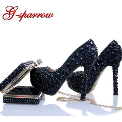 Black Crystal Bridal Dress Shoes with Clutch Rhinestone Wedding Party Shoes Cinderella Prom Pumps Sexy Nightclub Party Heels