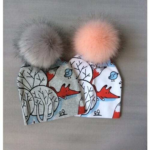 Kids Caps Cartoon Fox Printing Cotton Hat With Pompon For Boys Winter Childrens Hats Baby Bonnet